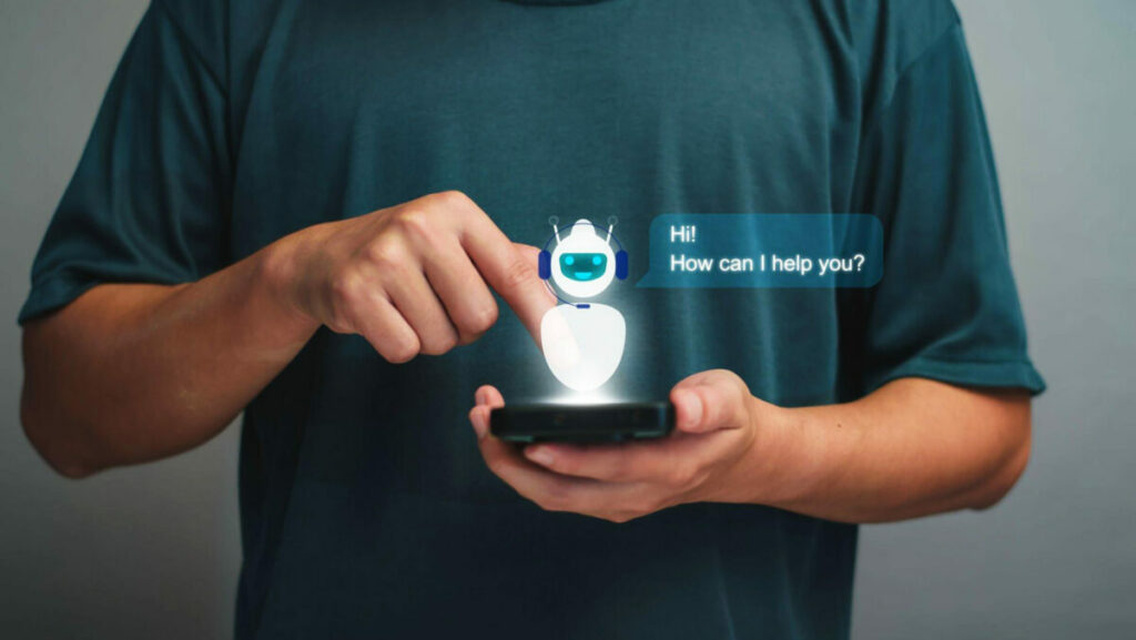 AI Chatbot intelligentes Digitales Business Service App Konzept, Computer Mobile App nutzt Künstliche Intelligenz Chatbots für automatische Antwort um Kunden zu helfen