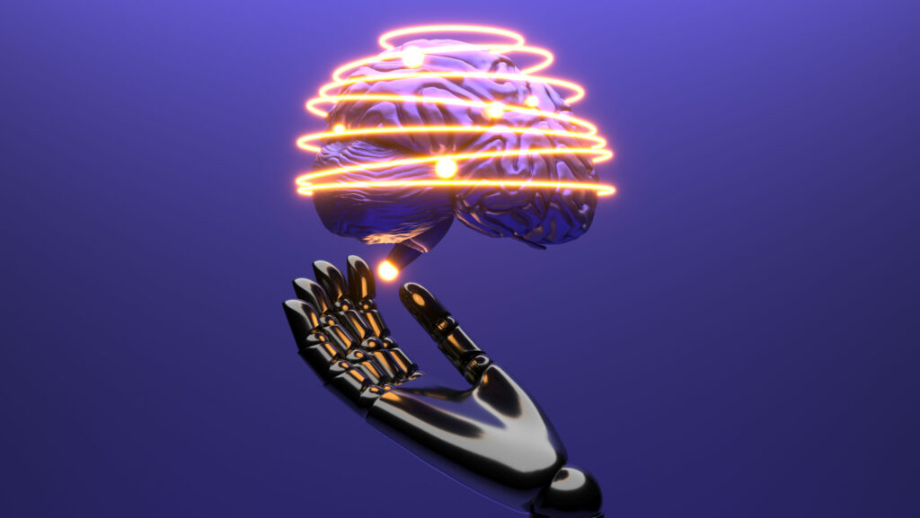 Roboter Hand Digital Art mit vernetztem Gehirn violetter Hintergrund artificial intelligence